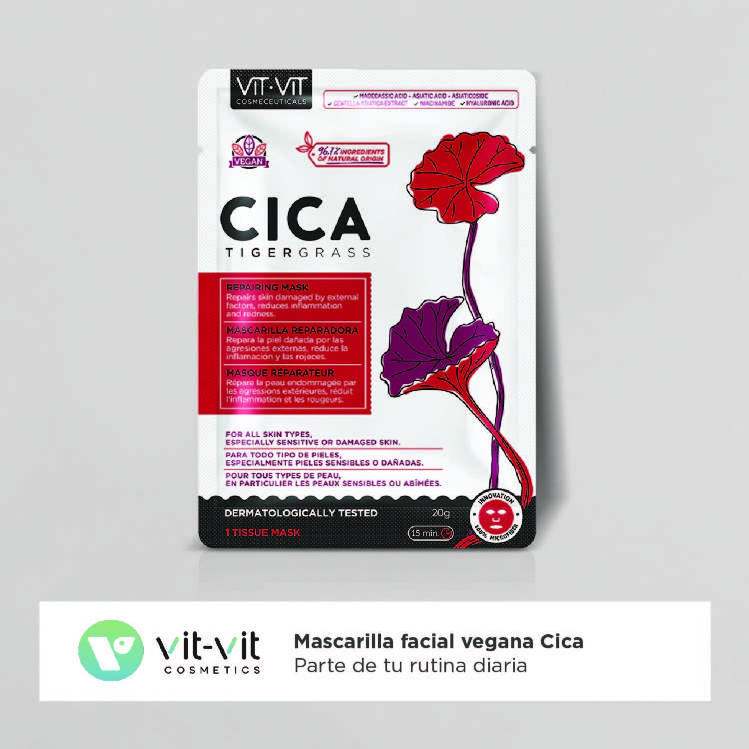 MÁSCARA DE TECIDO FACIAL CICA TIGERGRASS VIT VIT COSMETICS 20GR