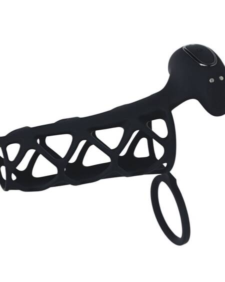 MANGA PARA O PÉNIS EM SILICONE COM VIBRAÇÃO E ANEL PARA TESTÍCULOS PRETO LEVELZ