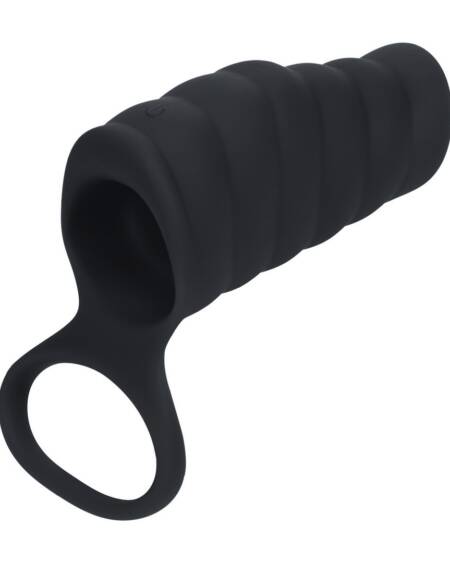 MANGA VIBRATÓRIA DE SILICONE COM ESTRIAS PARA O PÊNIS E ANEL PARA OS TESTÍCULOS PRETO