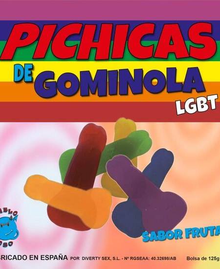 Caixa de gominolas sabor frutas LGBT em forma de pénis