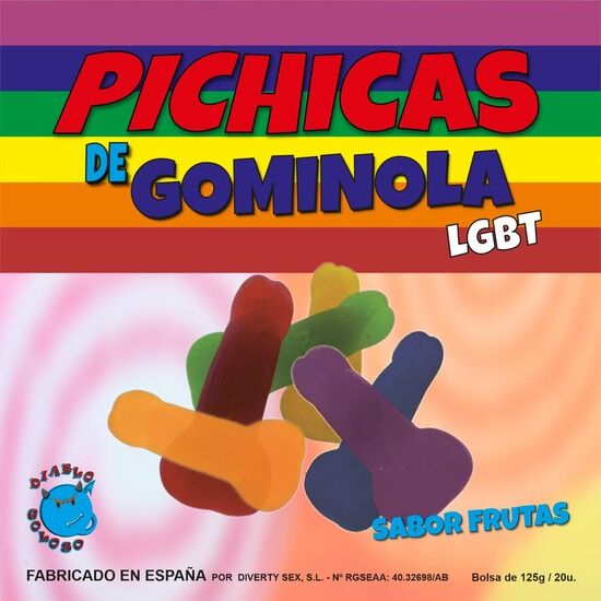 Caixa de gominolas sabor frutas LGBT em forma de pénis