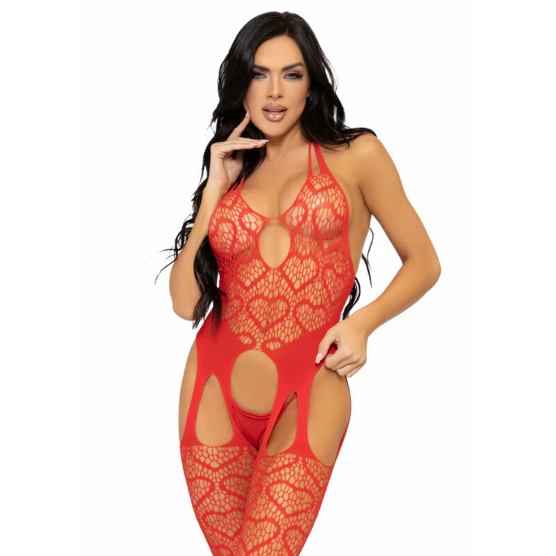LEG AVENUE - BODYSTOCKING DE RED CON TIRANTES TALLA ÚNICA - NEGRO - ROJO, ONE SIZE