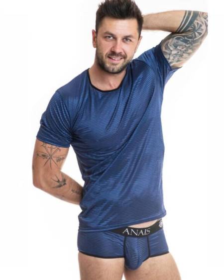 Camiseta Naval masculina em tul preto com riscas de raso azul marinho