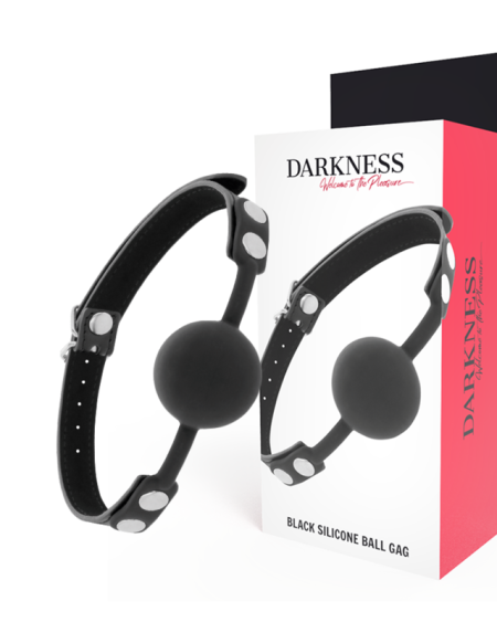 Mordaça DARKNESS em silicone com correias de couro, disponível em preto e vermelho.