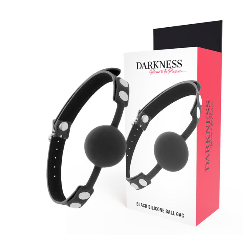 Mordaça DARKNESS em silicone com correias de couro, disponível em preto e vermelho.