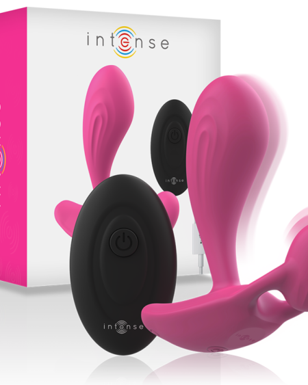 Plug anal vibratório INTENSE Shelly Duo com comando remoto, disponível em rosa e roxo.