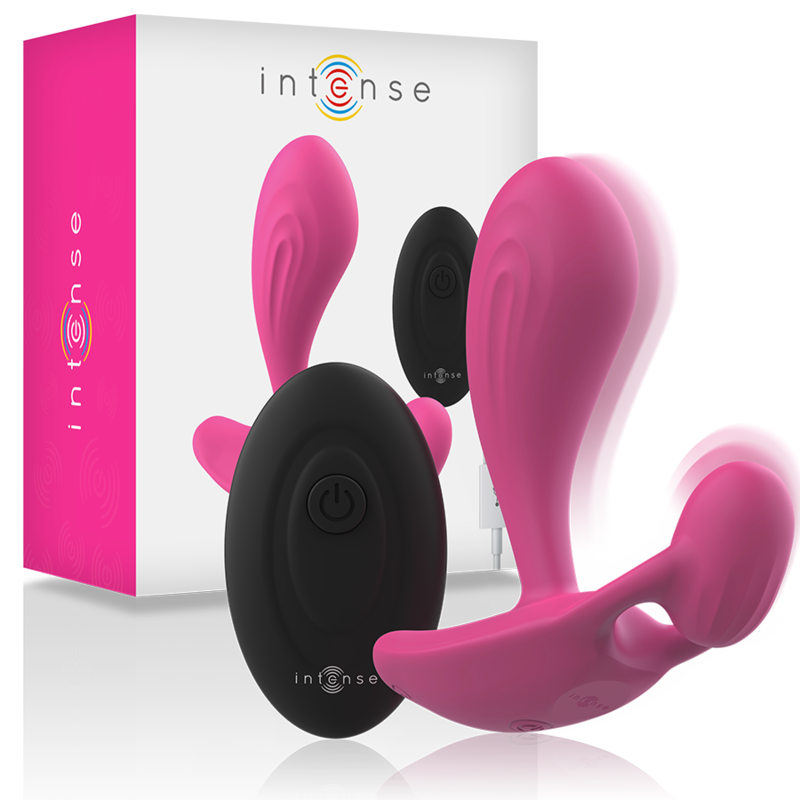 Plug anal vibratório INTENSE Shelly Duo com comando remoto, disponível em rosa e roxo.
