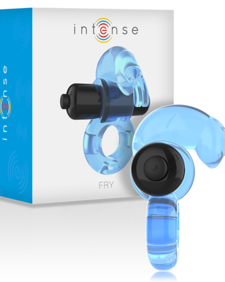 Anel vibratório INTENSE FOR HIM FRY Rabbit Ring, azul e transparente, com formato de coelhinho.