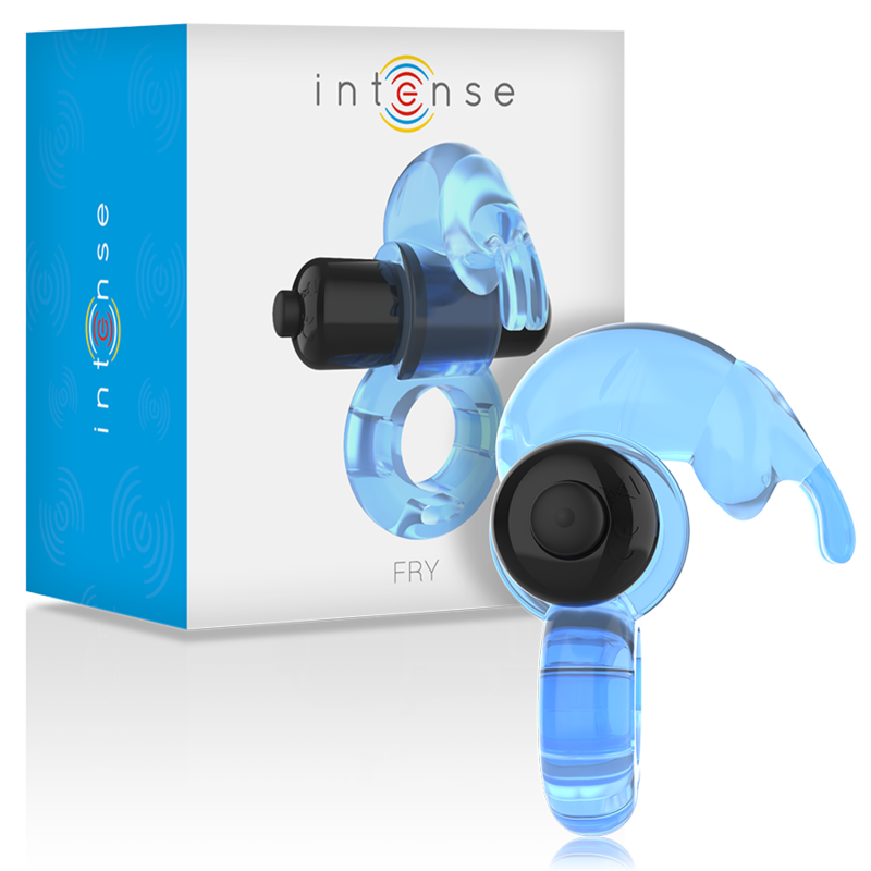 Anel vibratório INTENSE FOR HIM FRY Rabbit Ring, azul e transparente, com formato de coelhinho.