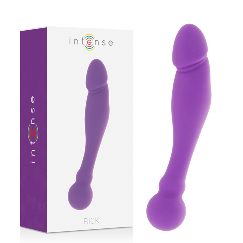 Dildo de silicone flexível Rick Dual da INTENSE HIGH TECH, disponível em lilás e rosa