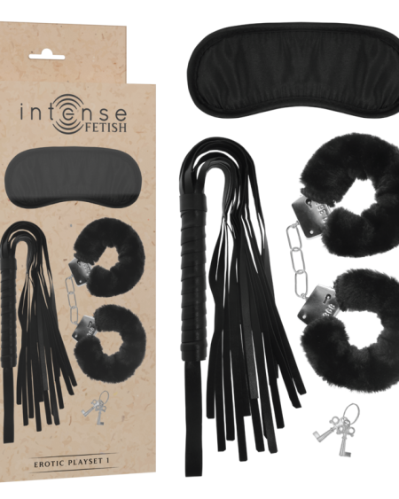 Conjunto erótico INTENSE FETISH com algema, antifaz e látego de couro vegan