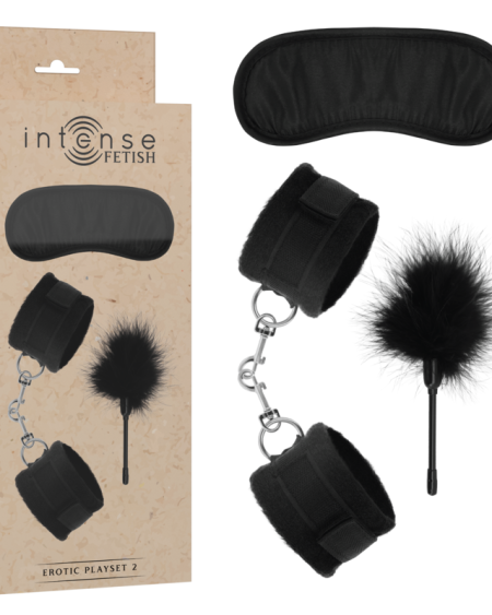 Conjunto erótico com algemas, antifaz e plumerinho da INTENSE FETISH