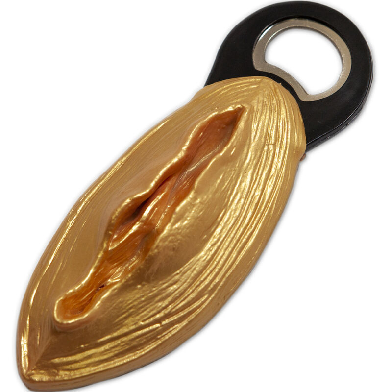 Abre-garrafas DIABLO PICANTE em forma de vagina, nas opções de cor preto/dourado e natural.