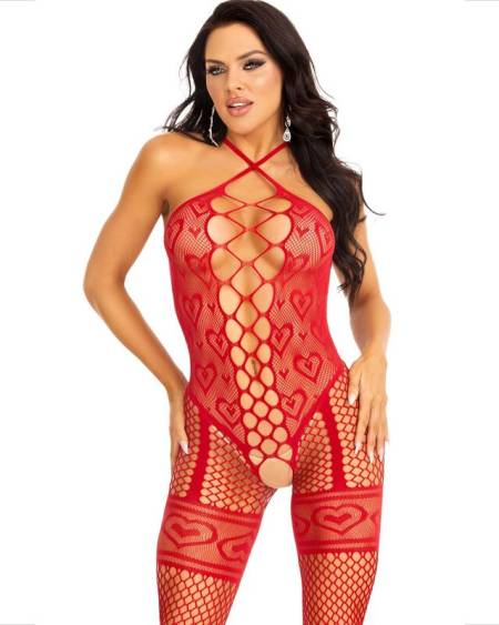 LEG AVENUE - BODYSTOCKING CUELLO HALTER RED CORAZONES ROJO