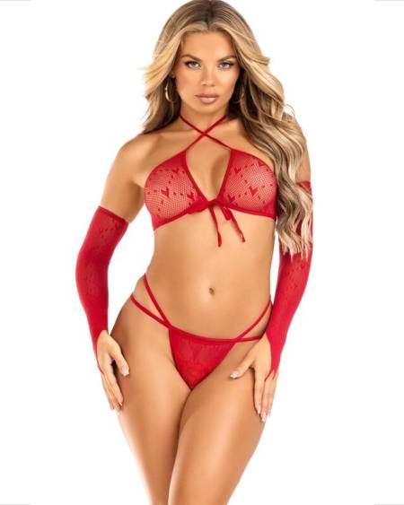 LEG AVENUE - SET 3 PIEZAS TOP + TANGA + MANGAS
