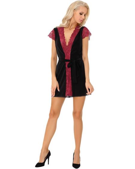 Conjunto de lingerie Kumiko LC 90428 com robe e cueca em preto e bordô, com detalhes em renda