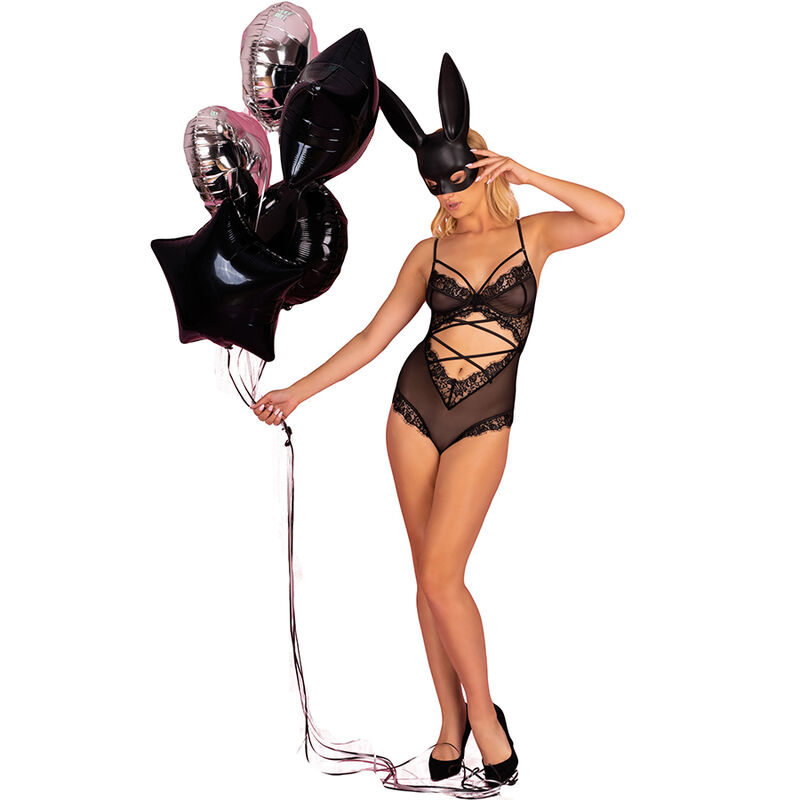 Body preto Kylssiam da LIVCO CORSETTI FASHION em tule transparente, com renda e recorte abdominal