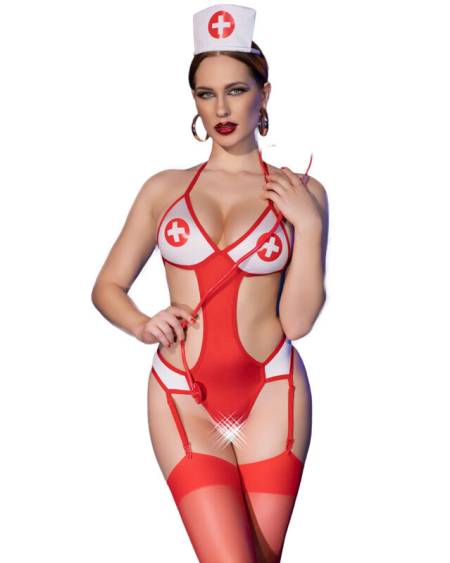 Disfarce de enfermeira CHILIROSE CR 4631 vermelho com body, meias, estetoscópio e gorro