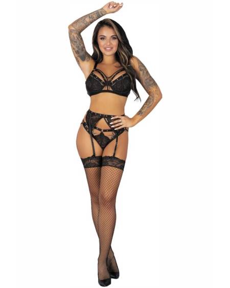 Conjunto de lingerie preto Pojzon com soutien, cuecas, cinta-liga e meias.
