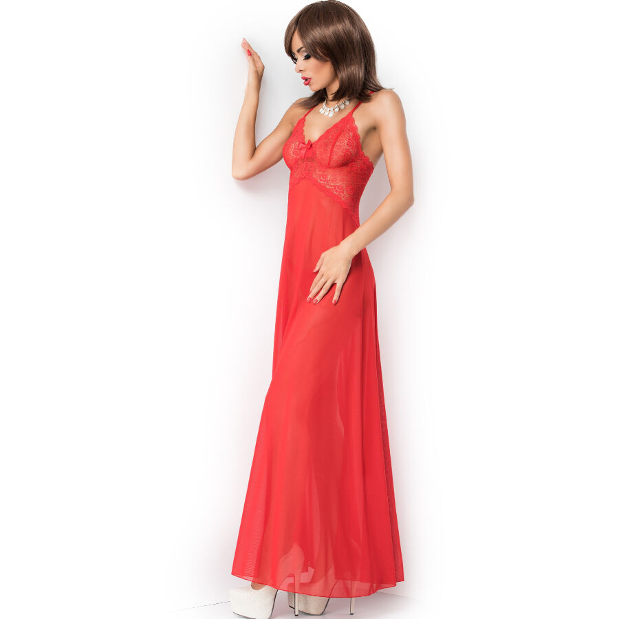 Babydoll comprido CHILIROSE CR 3883 com alças cruzadas e renda aberta