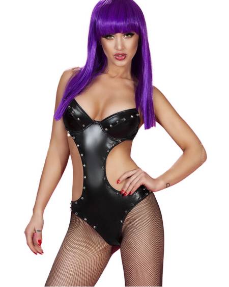 Body preto CHILIROSE CR 3573 em vinil, com soutien almofadado e picos decorativos
