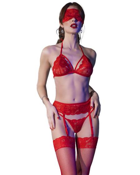 Conjunto de lingerie CHILIROSE CR 4467 de quatro peças com soutien, cinta-liga, cueca fio dental e meias estilo cabaret