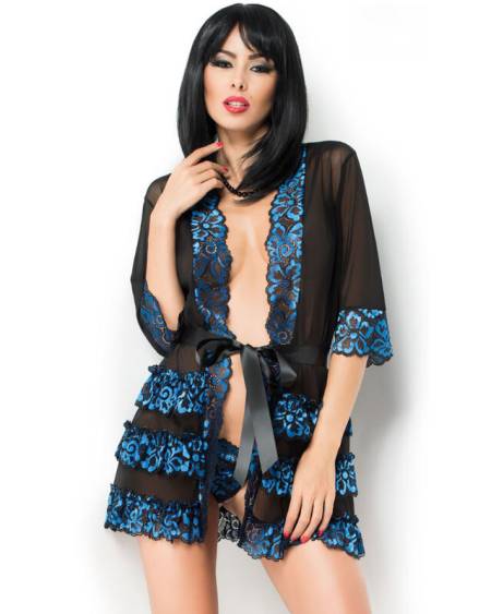 Bata de lingerie CHILIROSE CR 3837 azul e preta, em tule com renda e cinto de cetim.