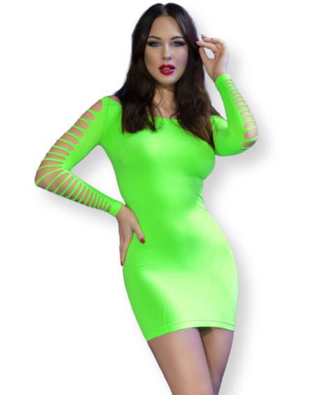 Vestido mini verde CHILIROSE CR 4617, sem costuras e com detalhes perfurados