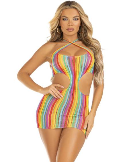 Vestido curto LEG AVENUE com decote halter cruzado e riscas arco-íris