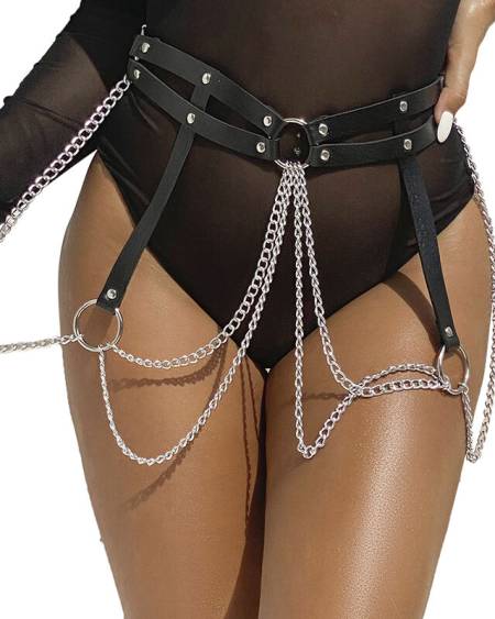 SUBBLIME - CINTURON DE CADENAS ANILLAS CUERO NEGRO TALLA ÚNICA