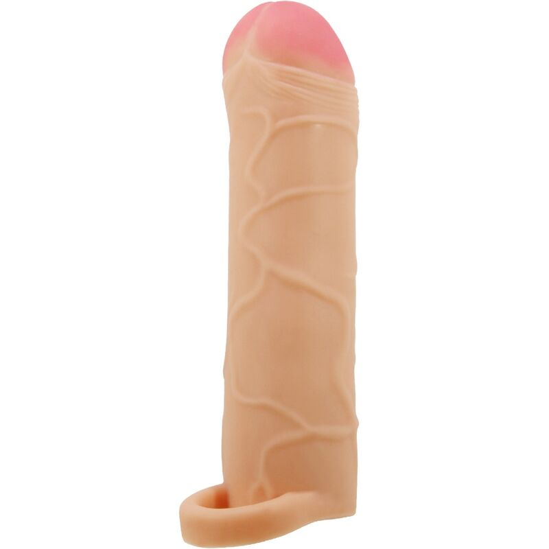 Capa extensora Pretty Love para pénis, em cor natural, com anel de base
