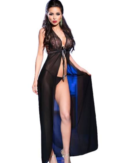 Babydoll longo CHILIROSE CR 3275 com abertura, renda vazada e tanga