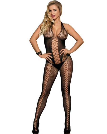 Bodystocking preto SUBBLIME 951832 com costas abertas e detalhes cruzados