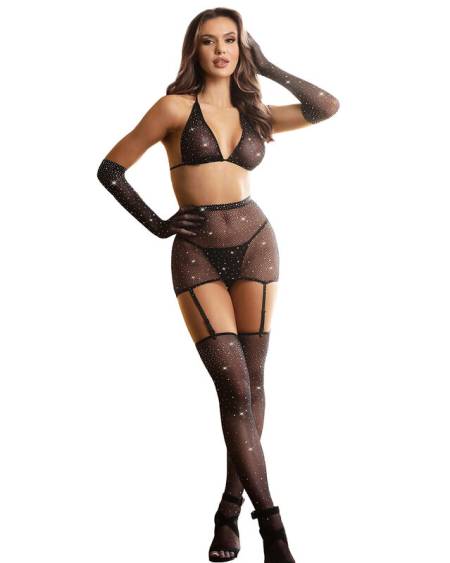 Bodystocking preto de rede SUBBLIME com padrão de diamante e luvas a condizer
