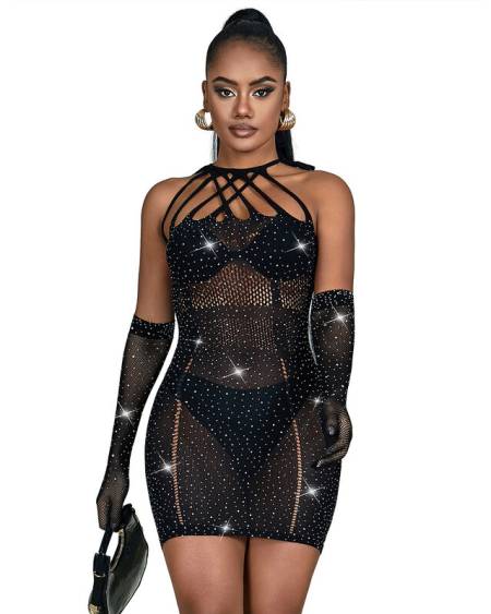 Vestido de rede preto SUBBLIME DRESSES 952235 com purpurina e pedras de imitação