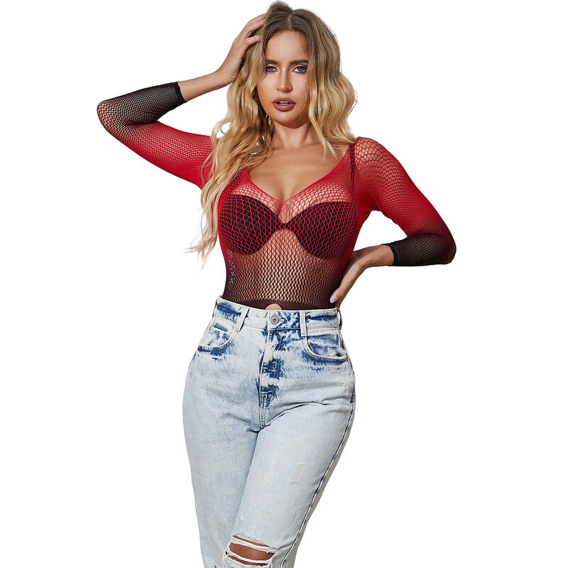 SUBBLIME - 952259 VESTIDO DE REJILLA ELÁSTICO MANGA LARGA DEGRADADO ROJO Y NEGRO TALLA ÚNICA