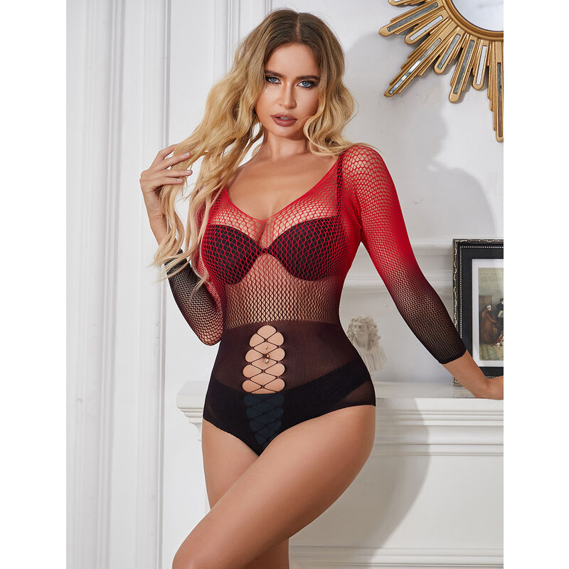 SUBBLIME - 952259 VESTIDO DE REJILLA ELÁSTICO MANGA LARGA DEGRADADO ROJO Y NEGRO TALLA ÚNICA