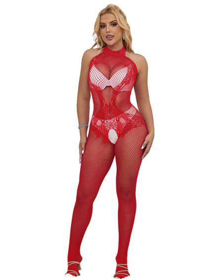 Body vermelho SUBBLIME 952372 de rede e renda, com gola alta e design sem entrepernas