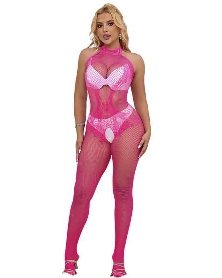 Bodystocking SUBBLIME rosa com gola alta, renda, rede e abertura na virilha
