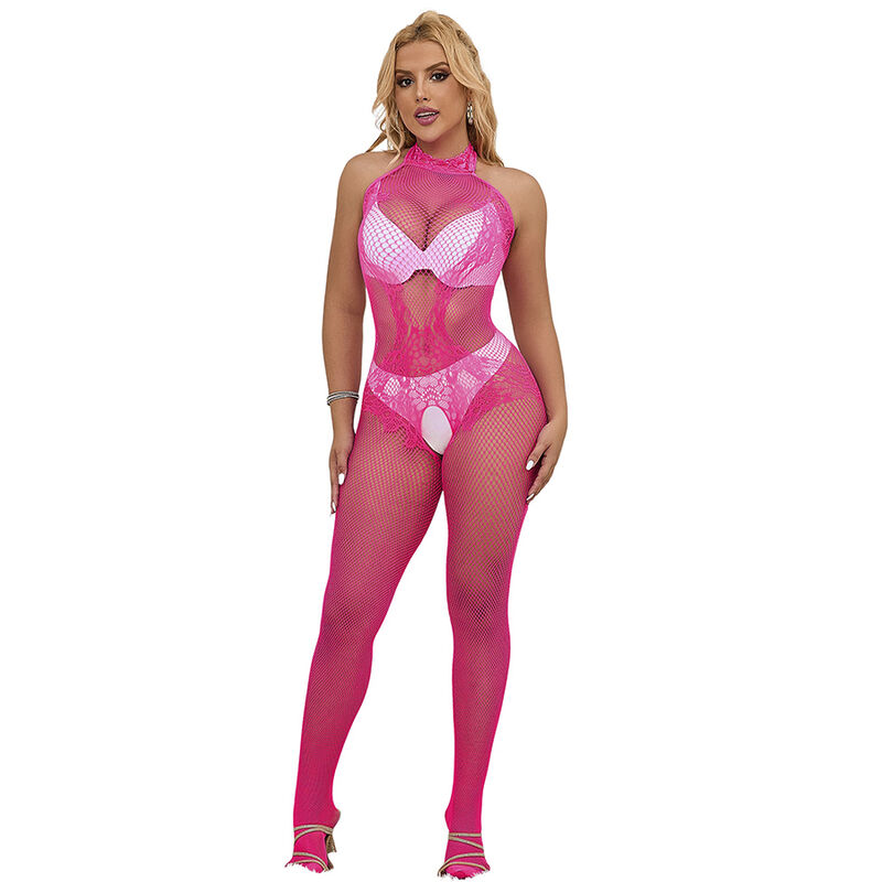 Bodystocking SUBBLIME rosa com gola alta, renda, rede e abertura na virilha