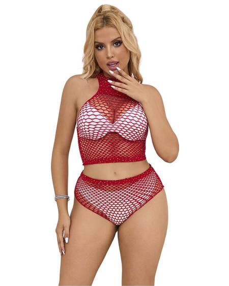 Conjunto de lingerie SUBBLIME 952402 em rede vermelha, com aplicações brilhantes e calções transparentes