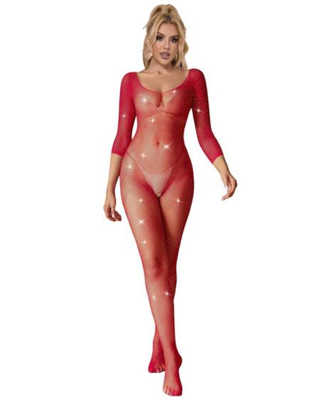 Bodystocking SUBBLIME vermelho de manga comprida, em rede com padrão de losangos