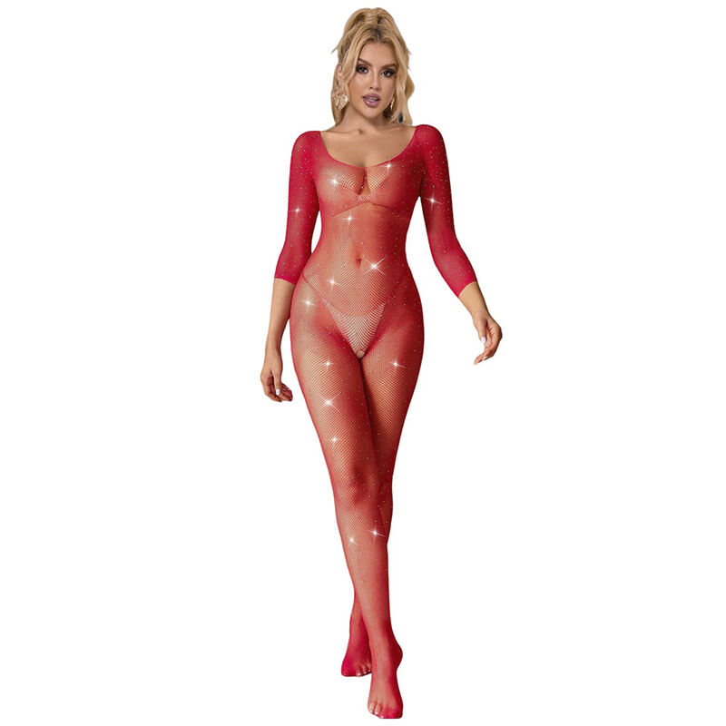 Bodystocking SUBBLIME vermelho de manga comprida, em rede com padrão de losangos