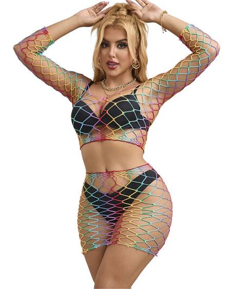 Conjunto SUBBLIME de lingerie de rede arco-íris com duas peças e manga comprida