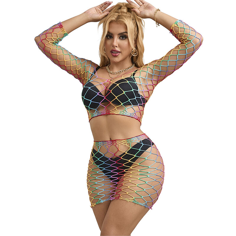 Conjunto SUBBLIME de lingerie de rede arco-íris com duas peças e manga comprida