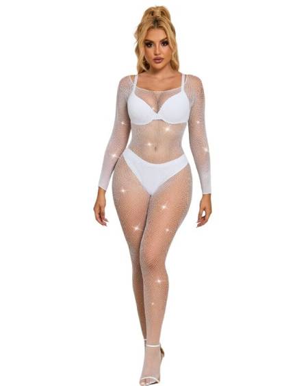 Body de rede branco SUBBLIME BODYSTOCKINGS 952396, com padrão de losangos e manga comprida