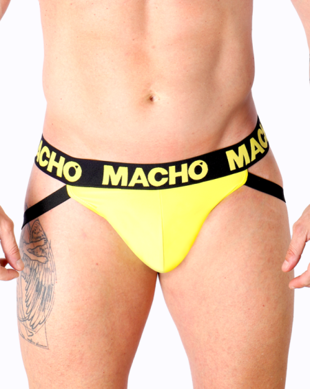 Jockstrap amarelo MACHO UNDERWEAR MX25A em lycra, com traseiro aberto