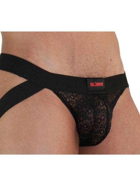 Jockstrap preto BURN 005 com transparências e detalhes brilhantes