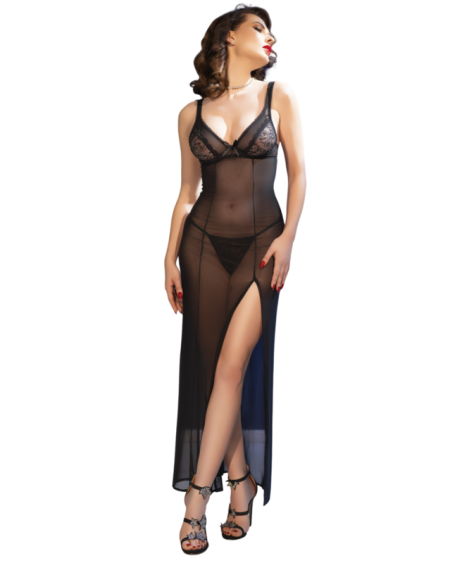 CHILIROSE – Babydoll preto comprido CR 4723 com tanga - XL