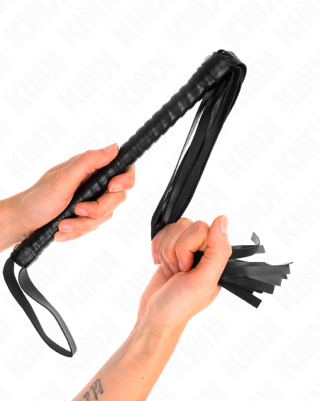 Chicote BDSM KINK IMPACT & TOUCH com cabo texturizado, 48,5 cm, disponível em preto ou vermelho.